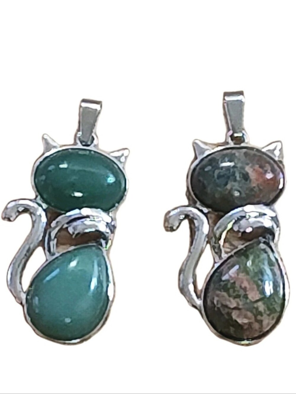 2 Cat Lover's Pendants Green Silver Aventurine Unakite Natural Stones Kitten